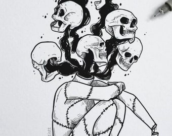 May include: A black and white ink illustration of a seated figure with a stitched, doll-like body. From the neck, multiple skulls emerge, connected by dark, flowing smoke-like tendrils. The text @devilartistt is visible on the figure's torso.