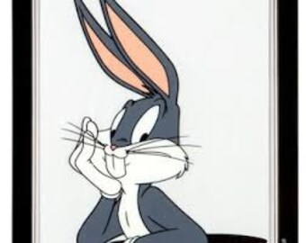 May include: A framed illustration of the cartoon character Bugs Bunny, featuring a grey rabbit with long ears, white muzzle, and white gloves, resting a chin on a hand with a playful expression, set against a plain white background.