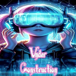 Peut inclure: Une jeune personne portant un sweat-shirt bleu et noir et un casque de réalité virtuelle avec des lumières bleues brillantes. Le texte "Under Construction" est écrit en lettres roses.