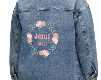 Damen Christian Jesus Saves Floral Jeansjacke