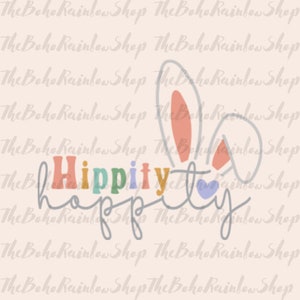 Może przedstawiać: Kolorowy projekt graficzny z tekstem "Hippity Hoppity" w tęczowej kolorystyce. Projekt zawiera również parę uszu króliczych w kolorze szarym i różowym.