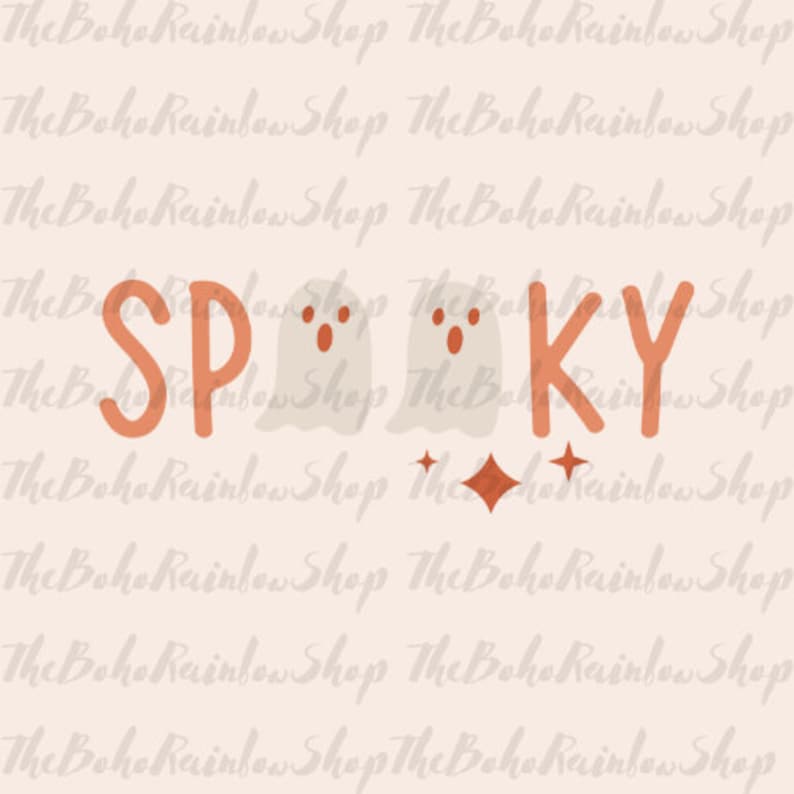 May include: Orange and white graphic design with the word "SPOOKY" and two ghosts. The ghosts have white bodies and black eyes and mouths.