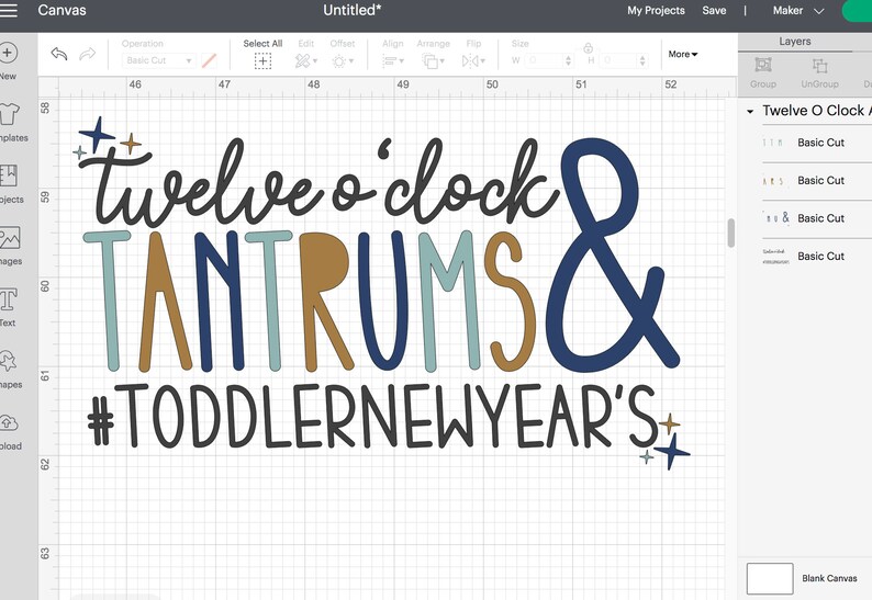 May include: A digital design for a craft project featuring the text "twelve o'clock tantrums & #toddlernewyear's" in a variety of colours and fonts. The design includes two gold stars.