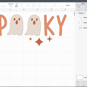 May include: A digital design for a spooky Halloween banner with the word "SPOOKY" in orange letters with two white ghosts and two orange stars.