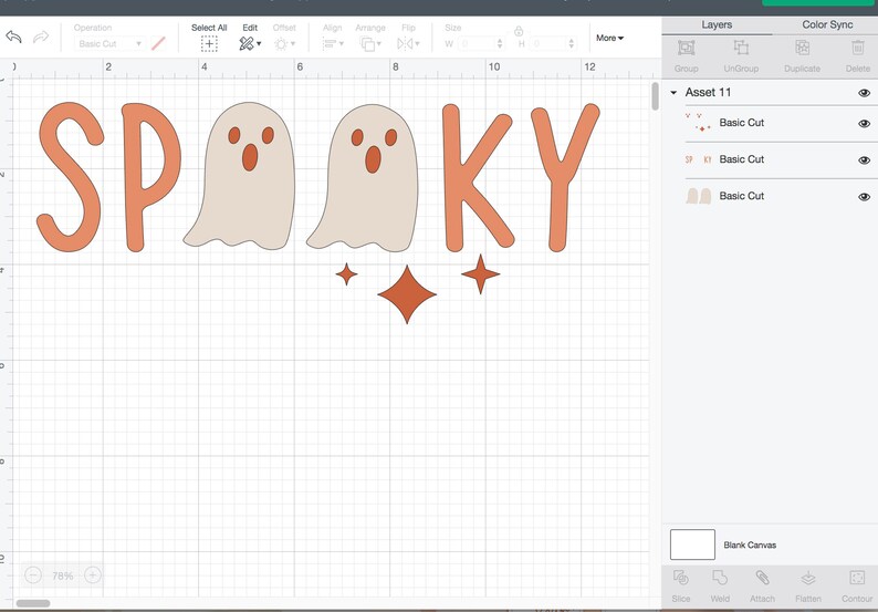 May include: A digital design for a spooky Halloween banner with the word "SPOOKY" in orange letters with two white ghosts and two orange stars.