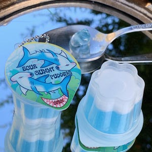 以下が含まれることがあります： 青と白のグミプリンの2つの容器。サメのグラフィックと「Sour Gummy Pudding」の文字が入っています。容器の1つは開いています。スプーンにはグミプリンの小さなかけらが乗っています。