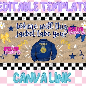 Puede incluir: Una plantilla editable con un borde de cuadros blancos y negros, fondo color canela y el texto Where will this jacket take you? Una chaqueta azul con la palabra Texas y un emblema está centrada, rodeada de margaritas blancas, estrellas azules y lazos.