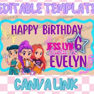 May include: A digital birthday party template with cartoon characters, the text "HAPPY BIRTHDAY", and the name "EVELYN". The design includes a microphone, musical notes, and a star, all in vibrant colors. The template is for use with Canva.