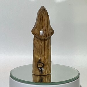 May include: A carved wooden sculpture of a stylized mushroom. The mushroom is brown with visible wood grain and a smooth, rounded cap. The sculpture is displayed on a reflective surface.