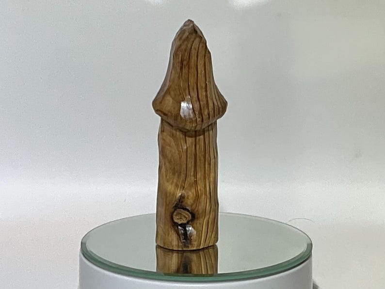 May include: A carved wooden sculpture of a stylized mushroom. The mushroom is brown with visible wood grain and a smooth, rounded cap. The sculpture is displayed on a reflective surface.