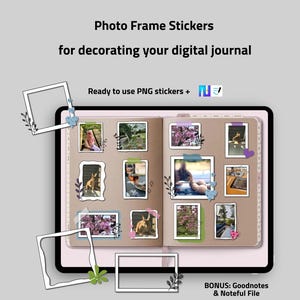 Könnte beinhalten: Digitale Fotorahmen-Aufkleber zum Dekorieren eines digitalen Journals. Das Bild zeigt ein digitales Journal mit verschiedenen Fotos in dekorativen Rahmen. Der Text lautet "Photo Frame Stickers for decorating your digital journal".