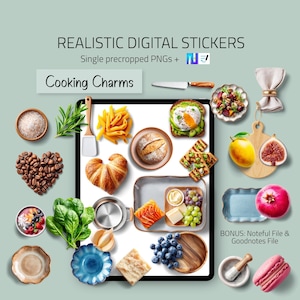 May include: A collection of realistic digital stickers featuring various food items and kitchen tools. Includes a croissant, bread, fruit, vegetables, and the text "Cooking Charms". Bonus: Noteful File & Goodnotes File.