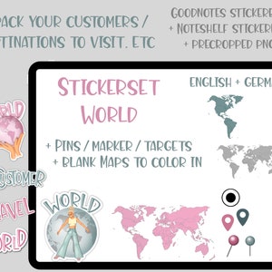 Welt / Digitale Sticker / Weltkarte / Handgezeichnet / Goodnotes + Noteshelf Stickerbuch/ Einzelne PNGs / Tracke Kunden / Orte / Ziele