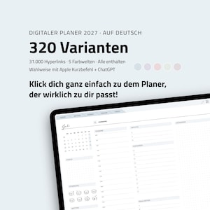 Puede incluir: Una agenda digital para 2027 en alemán, con 320 variantes, 31.000 hipervínculos y 5 temas de color. La interfaz incluye opciones para atajos de Apple e integración con ChatGPT, mostrada en una pantalla de tableta con una página de calendario de julio.
