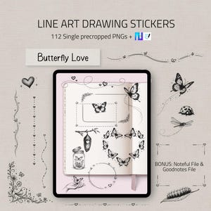 Könnte beinhalten: Digitales Sticker-Set mit Strichzeichnungen von Schmetterlingen, Herzen und Elementen zum Thema Natur. Das Bild zeigt ein Tablet mit einem digitalen Notizbuch mit Schmetterlingsillustrationen und dem Text "Butterfly Love". Enthält 112 vorgeschnittene PNGs.
