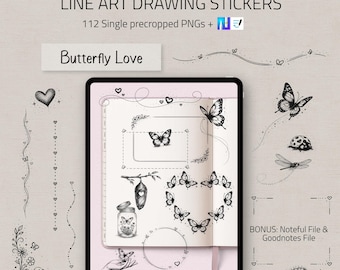 Butterfly Love | Schwarze Fineline Line Art Sticker für digitale Planer und Journals | Pngs für Goodnotes, Noteful etc.