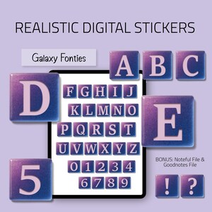 May include: Digital stickers featuring the alphabet, numbers, and punctuation marks. The stickers have a galaxy-themed design with purple and blue hues. The text "REALISTIC DIGITAL STICKERS" and "Galaxy Fonties" are displayed at the top.