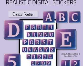 Fuentes Galaxy – Pegatinas PNG del alfabeto A-Z y números del 0 al 9 | Letras con efecto vidrio | Goodnotes + Archivo Noteful incluido