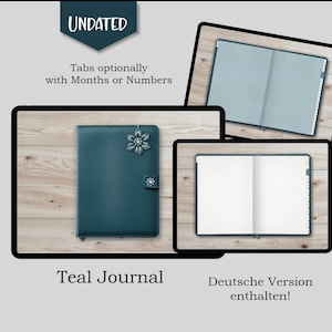 Może przedstawiać: Dziennik w kolorze teal z ozdobnym wzorem kwiatu na okładce. Dziennik ma zakładki, które można wykorzystać do miesięcy lub numerów. Obraz pokazuje również pusty dziennik z zakładkami oraz tekst "Deutsche Version enthalten!" co oznacza "Wersja niemiecka w zestawie!"