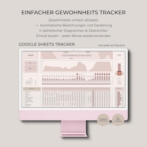 Könnte beinhalten: Ein rosa Computermonitor, der eine Gewohnheitstracker-Tabelle anzeigt. Der Bildschirm zeigt ein Raster zur Verfolgung von Gewohnheiten mit Diagrammen und Grafiken. Der Text oben lautet "EINFACHER GEWOHNHEITS TRACKER" und "GOOGLE SHEETS TRACKER".