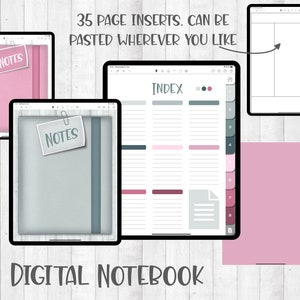 Peut inclure: Une interface d'application de carnet numérique avec 35 pages d'inserts. L'application affiche un schéma de couleurs gris et rose avec le texte "NOTES" sur deux des pages. L'application affiche également une page d'index avec le texte "INDEX".