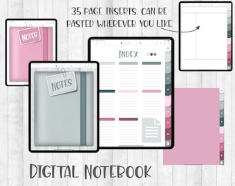 Könnte beinhalten: Eine digitale Notizbuch-App-Oberfläche mit 35 Seiten-Einlagen. Die App zeigt ein graues und rosa Farbschema mit dem Text "NOTES" auf zwei der Seiten. Die App zeigt auch eine Indexseite mit dem Text "INDEX".