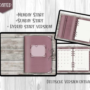Puede incluir: Un planificador digital con una cubierta malva y una vista de calendario. El planificador incluye opciones para semanas que comienzan el lunes, el domingo y semanas híbridas. El texto "DEUTSCHE VERSION ENTHALTEN!" se muestra en la parte inferior de la imagen.