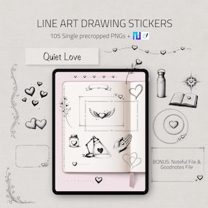 Op de afbeelding: Digitale lijntekeningstickers met een romantisch thema. De afbeelding toont een tablet met een notitieboek en diverse illustraties met harten, waaronder gevleugelde harten en een lamp met een hartvormig licht. Tekst bevat "Quiet Love" en "105 voorgesneden PNG's".