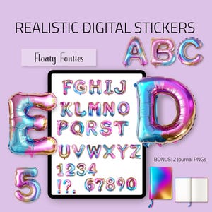 Könnte beinhalten: Digitales Kunstbild mit realistischen digitalen Aufklebern. Die Aufkleber umfassen das Alphabet, Zahlen und Symbole in einem lebendigen, schillernden Farbschema. Der Text "REALISTIC DIGITAL STICKERS" und "Floaty Fonties" werden angezeigt.
