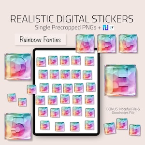 Könnte beinhalten: Digitale Aufkleber mit regenbogenfarbenen Buchstaben und Zahlen. Die Aufkleber sind so gestaltet, dass sie wie Glas aussehen. Der Text auf dem Bild lautet "REALISTIC DIGITAL STICKERS" und "Rainbow Fonties". Das Bild enthält auch den Text "BONUS: Noteful File & Goodnotes File".