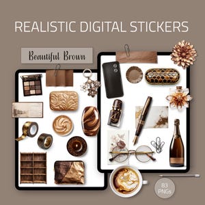 Bellissimo Marrone – Adesivi Digitali Realistici | Elegante set di adesivi marroni | PNG estetici per agende e diari – 83 PNG