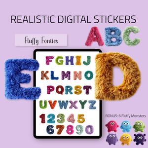 Fluffy Fonties / Fluffy Letter + Number PNG Sticker / Alphabet A-Z + Numbers 0-9 / Bright Colors / Extra: Fluffy Monsters PNG + Noteful File