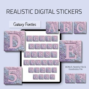May include: Digital stickers with a galaxy theme. The stickers include the alphabet, numbers, and punctuation marks. The letters and numbers are in a light pink color, with a glittery background in shades of blue, purple, and pink.