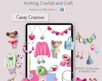 Könnte beinhalten: Ein digitales Kunstwerk mit 169 digitalen Stickern für Strick-, Häkel- und Bastelprojekte. Das Bild zeigt eine Vielzahl handgefertigter Artikel, wie Puppen, Schmuck, Kleidung und Accessoires, in Rosa-, Grün- und Blautönen. Der Text "Candy Creations" ist ebenfalls sichtbar.