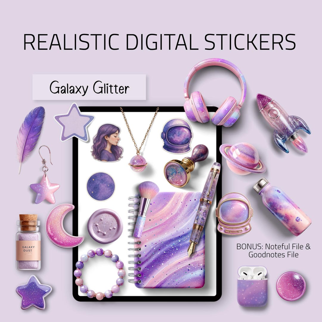 Galaxy Glitter Digital Sticker Set – Purple Sparkle Planner Stickers ...