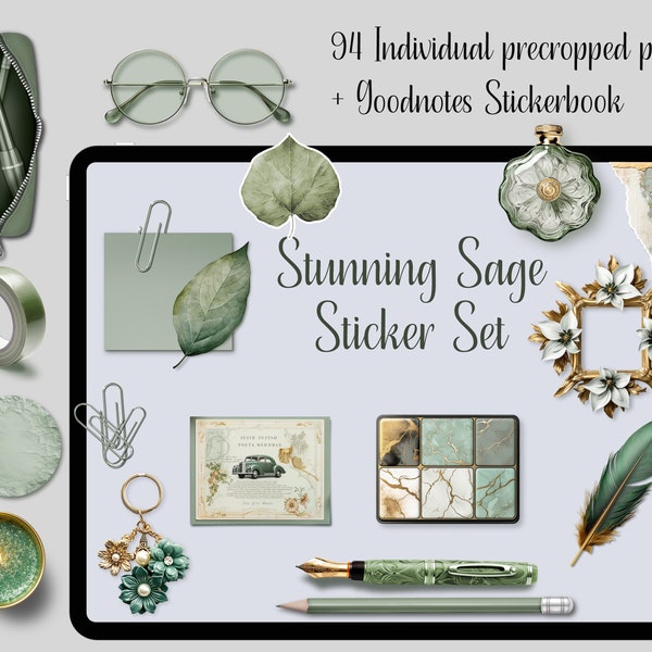 Stunning Sage / Digital Sticker / Realistic Dashboard Sticker / for digital planners / precropped pngs + Goodnotes Stickerbook