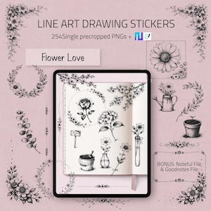 Könnte beinhalten: Digitales Line-Art-Aufkleber-Set mit floralen Designs. Das Bild zeigt ein Tablet mit Blumenillustrationen, Kränzen und dekorativen Elementen. Der Text auf dem Bild lautet "LINE ART DRAWING STICKERS" und "Flower Love".