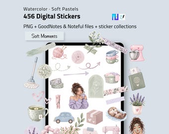 Puede incluir: Una colección digital de 456 pegatinas de acuarela en tonos pastel suaves, que incluye ilustraciones de un ovillo de lana, fregona, taza de té, coche, mancuernas, flores, máquina de coser, batidora, pasaporte y figuras con suéter morado o albornoz.
