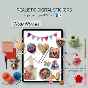 Puede incluir: Una composición de arte digital que presenta varias manualidades de hilo, incluyendo corazones tejidos, suéteres y una guirnalda. La imagen incluye el texto "REALISTIC DIGITAL STICKERS" y "Wooly Wonders". También se muestran varios colores de hilo y herramientas de tejido.