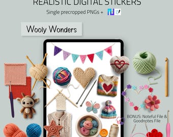 Realistic Digital Knitting & Crochet Stickers | PNG Craft Stickers for Goodnotes, Noteful and other apps | Wooly Wonders Set