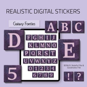May include: Digital stickers featuring the alphabet, numbers, and symbols in a galaxy-themed design. The stickers are in a square format with a textured, dark purple background and light pink lettering. The text "REALISTIC DIGITAL STICKERS" is at the top.