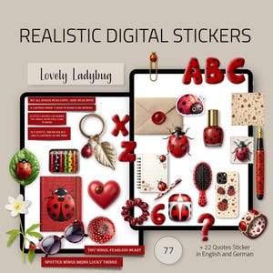 Könnte beinhalten: Eine Sammlung realistischer digitaler Aufkleber mit Marienkäfern. Das Bild zeigt Aufkleber von Marienkäfern, ein Notizbuch, ein Herz, eine Handyhülle und anderes Zubehör. Der Text enthält "Lovely Ladybug" und Zitate.