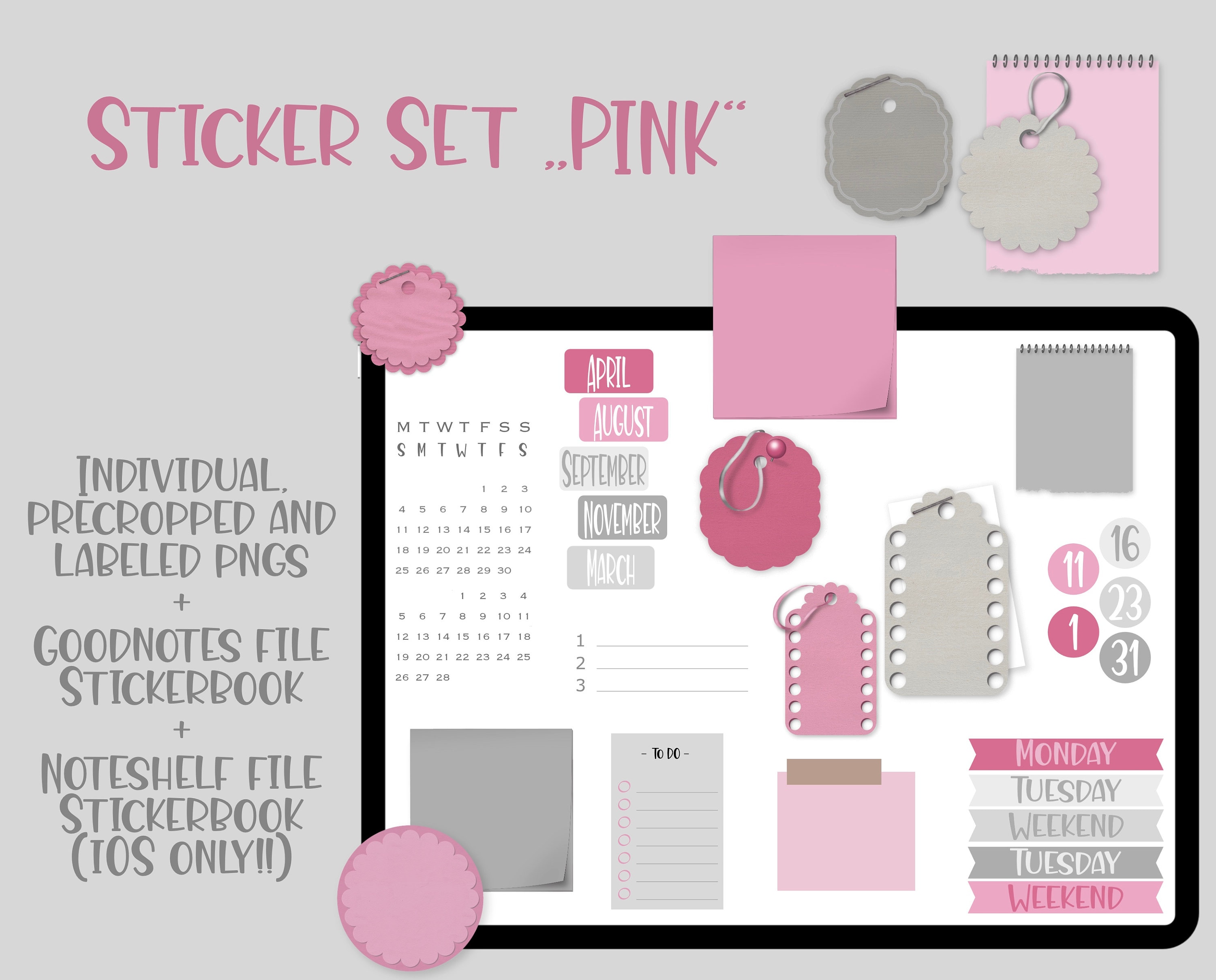 Set di adesivi "Pink Grey" / Adesivi digitali / Goodnotes + Libro di adesivi Noteshelf / + PNG individuali / Per pianificatori digitali + Bujo digitali