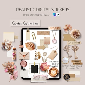 Könnte beinhalten: Digitale Kunstkomposition mit verschiedenen Scrapbook-Elementen. Enthält ein Tablet mit Aufklebern, eine Kaffeetasse, Blumen, Schlüssel und Schreibwaren. Der Text lautet "REALISTIC DIGITAL STICKERS" und "Golden Gatherings".