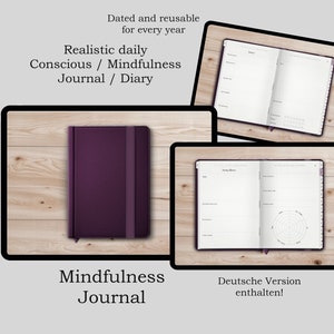 Może przedstawiać: Purpurowy, skórzany dziennik z napisem "Mindfulness Journal" na okładce. Dziennik jest otwarty na pustej stronie z siatką i kołowym wykresem po prawej stronie. W prawym dolnym rogu strony znajduje się napis "Deutsche Version enthalten!"