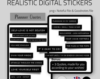 Könnte beinhalten: Digitale Sticker mit motivierenden Zitaten wie "Selbstliebe ist nicht egoistisch" und "Planung ist mein Cardio". Die Sticker sind für digitale Planer konzipiert und im PNG- und Goodnotes-Dateiformat erhältlich. Bonus: +3 Zitate.