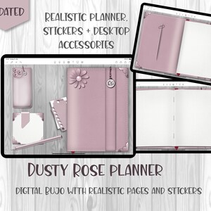 Könnte beinhalten: Eine digitale Planer-App auf dem Bildschirm eines Tablets mit einem staubigen rosafarbenen Cover und einem Blumendesign. Die App enthält einen Kalender, eine To-Do-Liste und einen Notizbereich. Der Text "DUSTY ROSE PLANNER" und "DIGITAL BUJO WITH REALISTIC PAGES AND STICKERS" wird auf dem Bildschirm angezeigt.