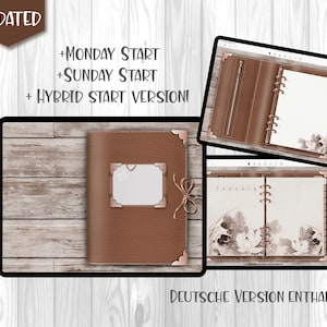 May include: A digital planner with a brown leather cover and a watercolor design. The planner is open to a page with the word "January" written on it. The planner is available in three versions: Monday start, Sunday start, and hybrid start. The text "DEUTSCHE VERSION ENTHALTEN!" is written at the bottom of the image.