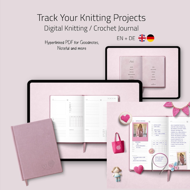 Strickjournal Digital | Strick Planer für Projekte, Wollvorrat & Nadeln | Handarbeits Journal für Goodnotes, Noteful u.a.| Häkelplaner Bild 1