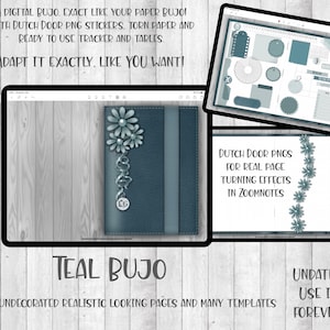 May include: Teal digital bullet journal with realistic looking pages and Dutch door PNG stickers. The journal has a teal cover with a flower design and the text "EG" on the front. The image also shows a variety of stickers and templates that can be used in the journal.